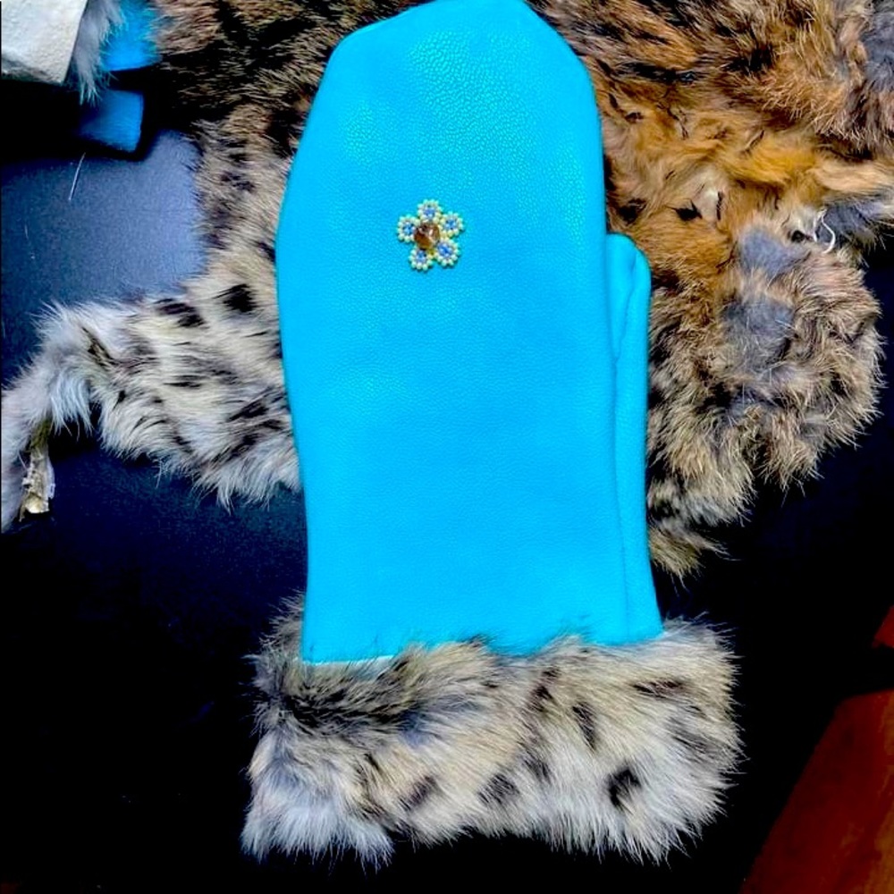 Blue Deerskin Mittens with Rabbit Fur beaded beadwork embroidery